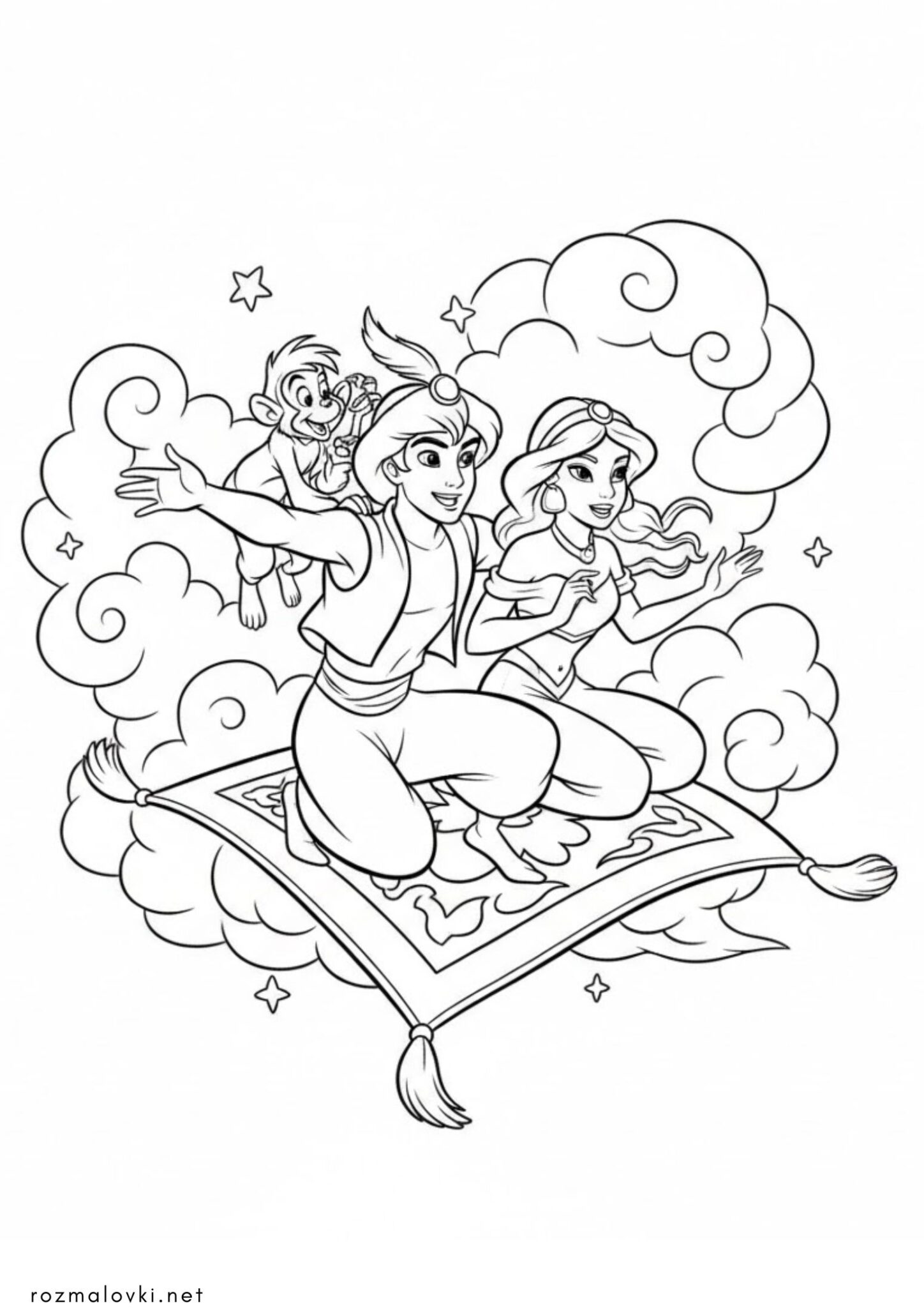 Раскраска Аладдін, принцеса Жасмін і Абу