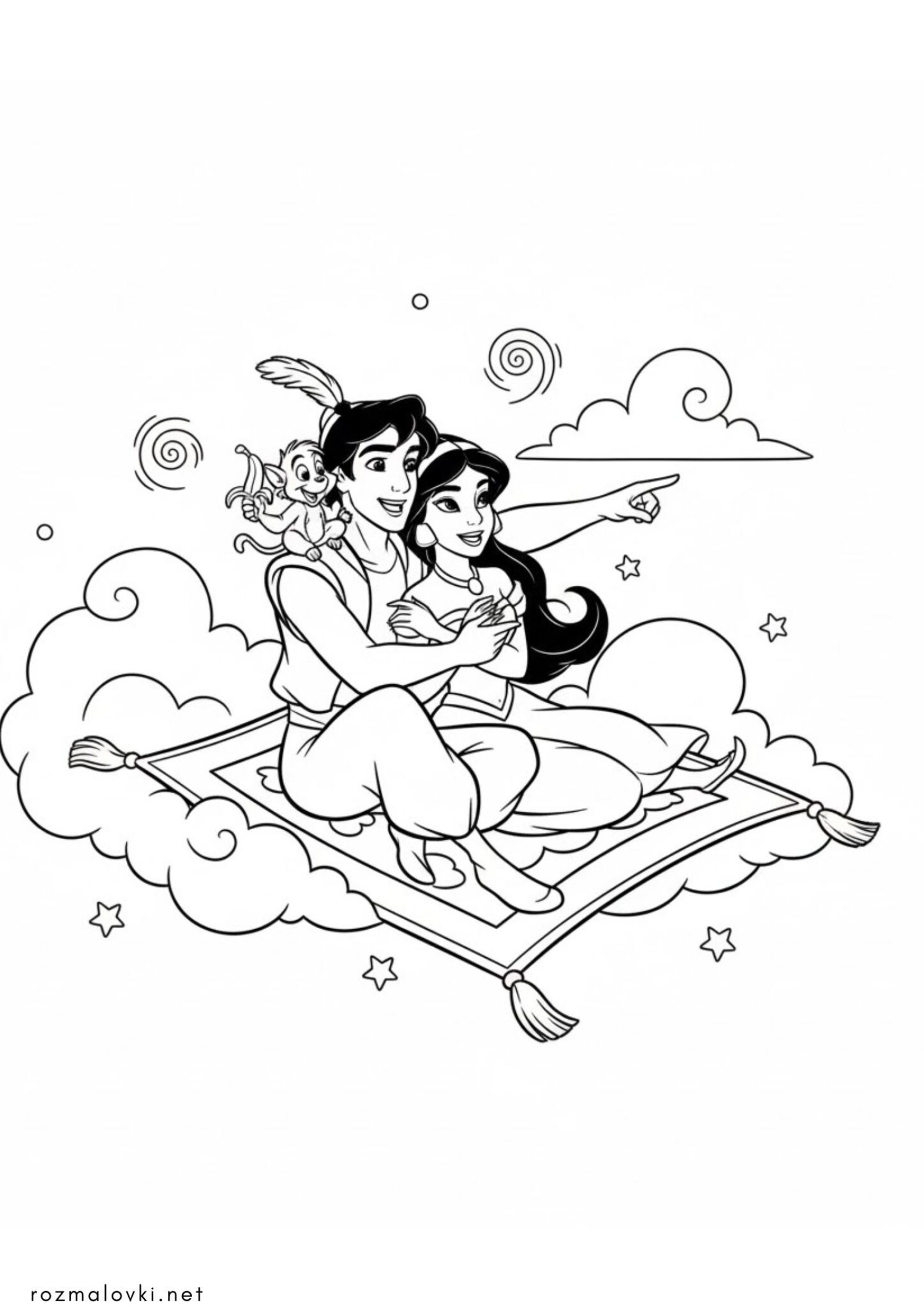Раскраска Аладдін та Жасмін летять на килимі
