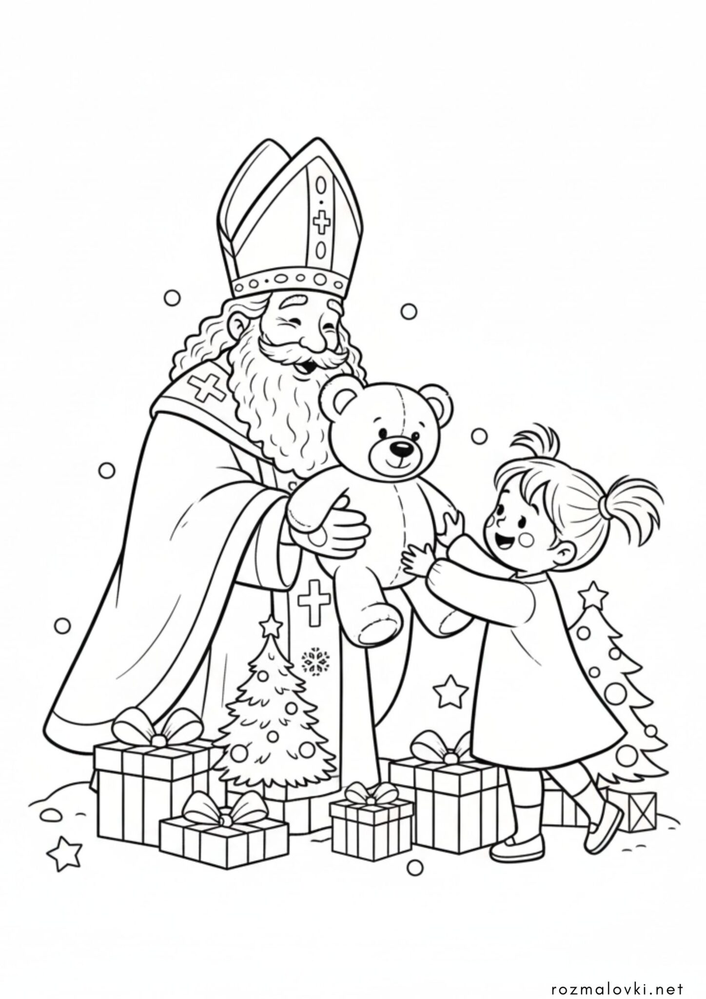 Раскраска Святий Миколай прийшлов до дівчинки