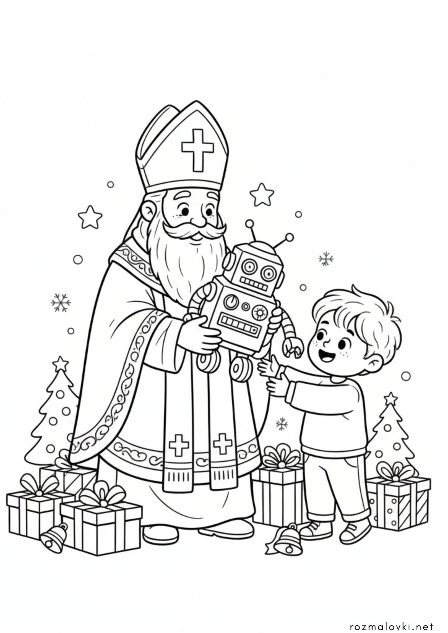 Раскраска Святий Миколай прийшлов до хлопчика