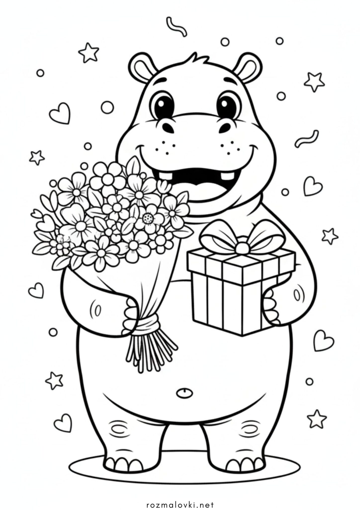 Раскраска З днем народження від бегемотика