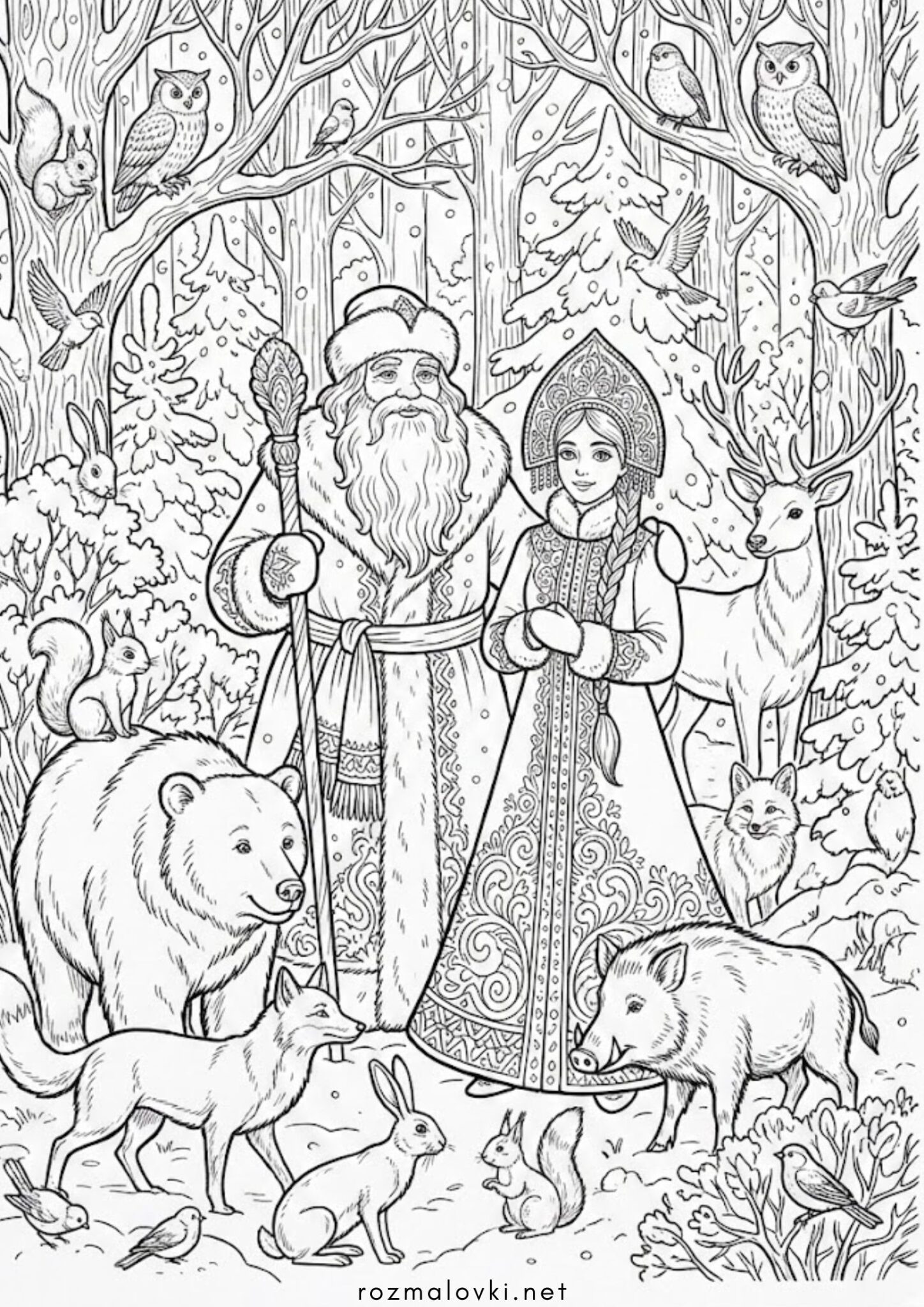 Раскраска Дід Мороз, Снігуронька та звірі