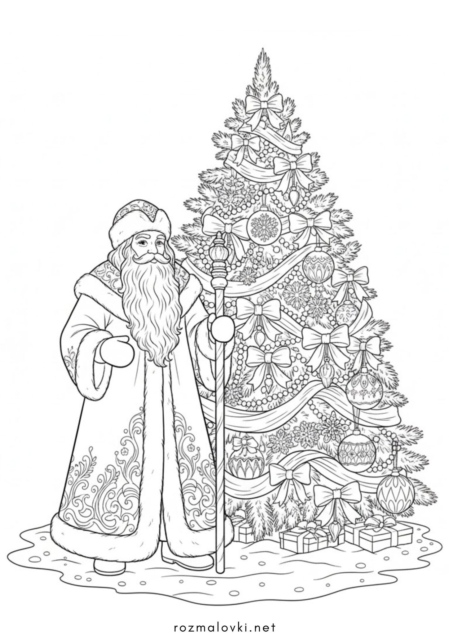 Раскраска Дід Мороз та новорічна ялинка