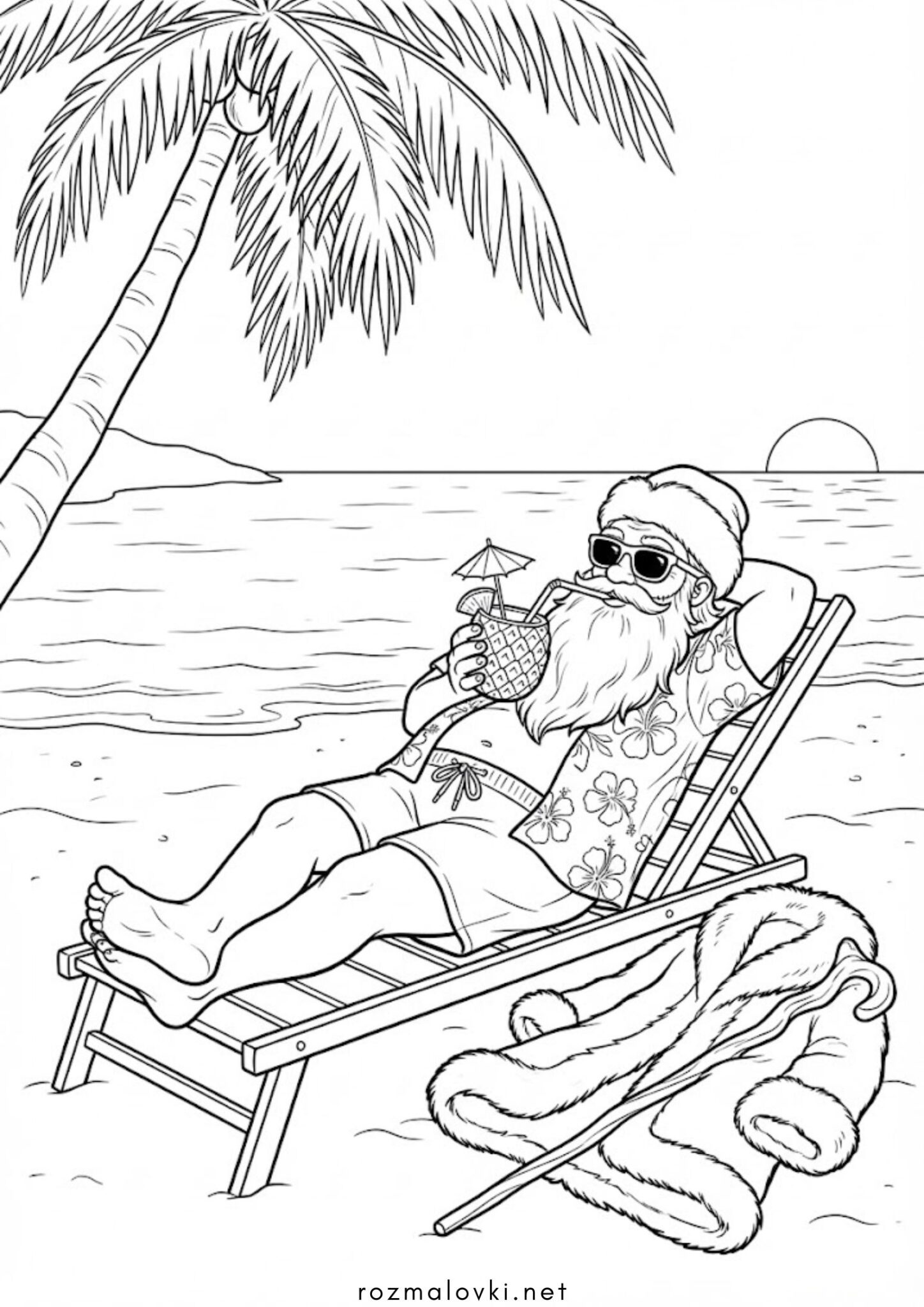 Раскраска Дід Мороз влітку на морі
