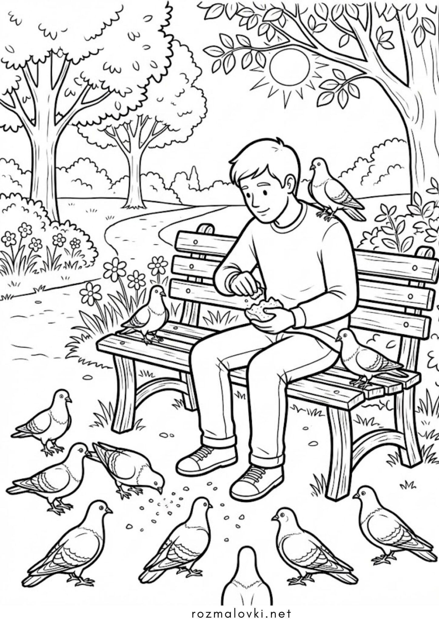 Раскраска Птахи голуби у парку Раскраска Птахи голуби у парку