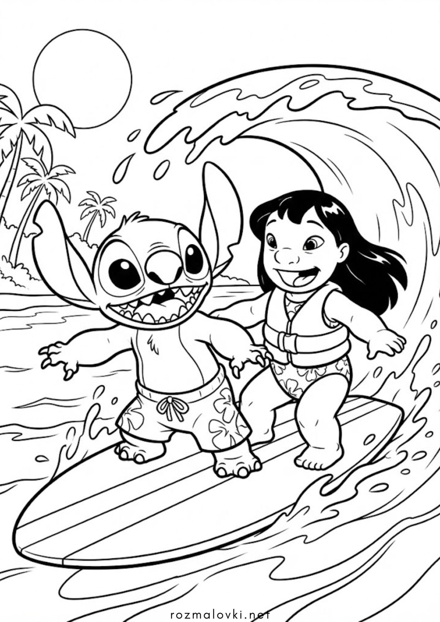 Раскраска Ліло і Стіч на серфінге