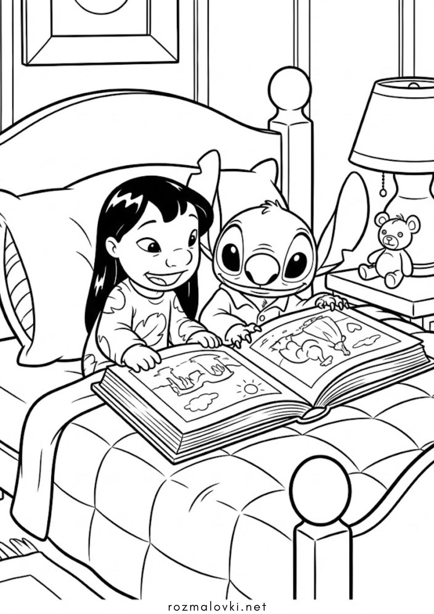 Раскраска Ліло і Стіч розглядають книгу