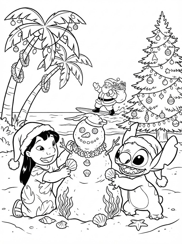 Раскраска Різдво: Ліло і Стіч та сніговик з піску