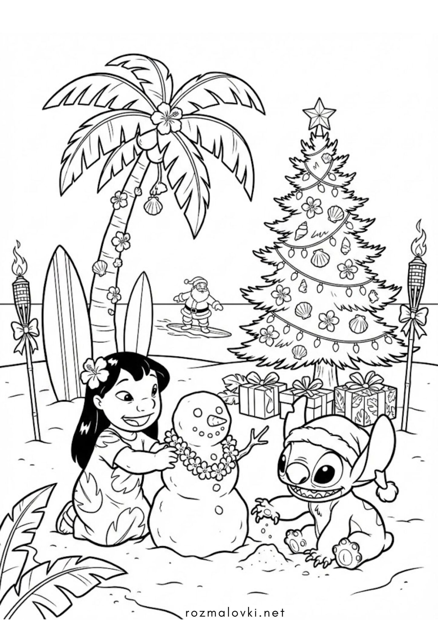 Раскраска Ліло та Стіч зліпили сніговика на Різдво