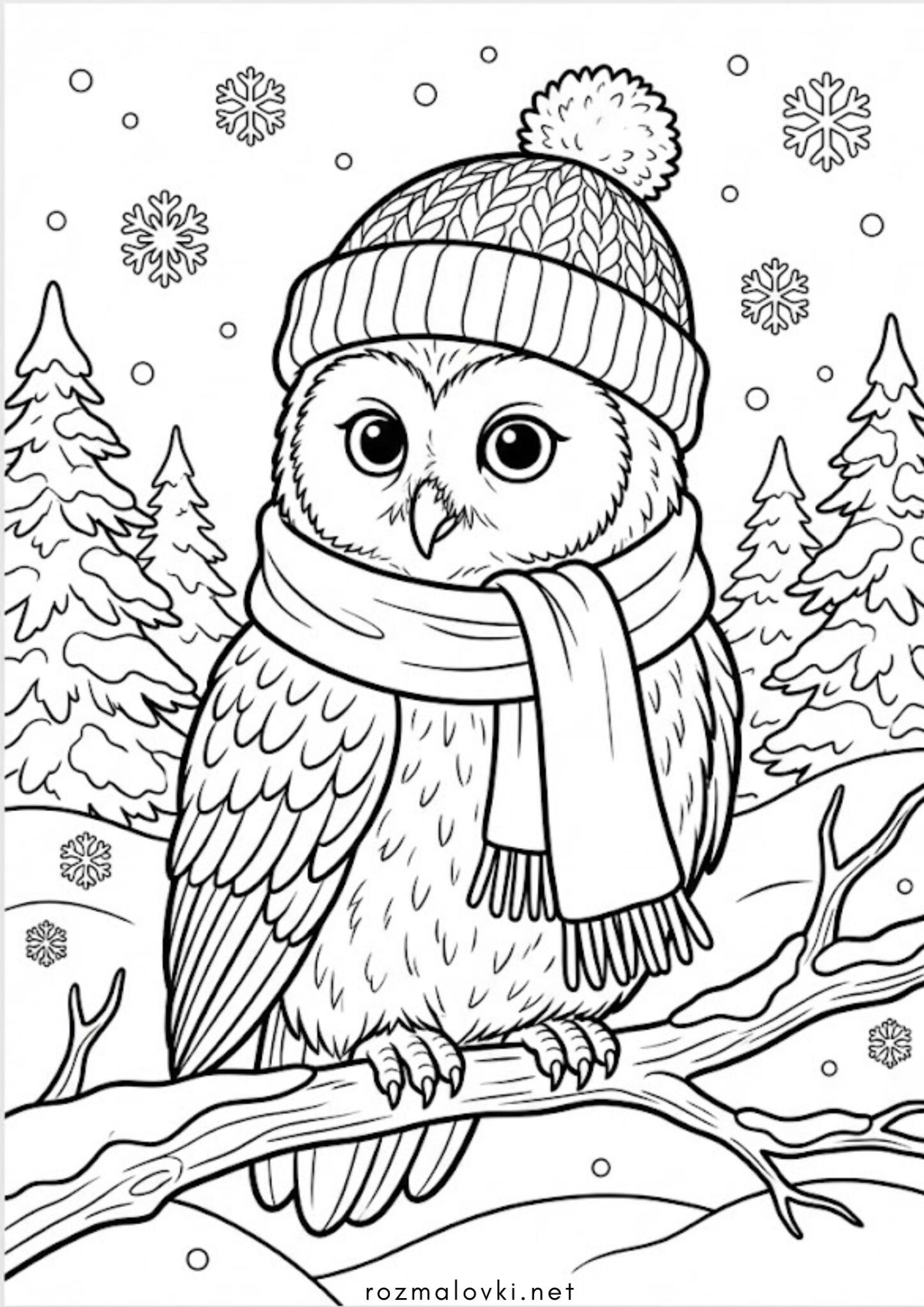 Раскраска На тему зима: сова у шапці
