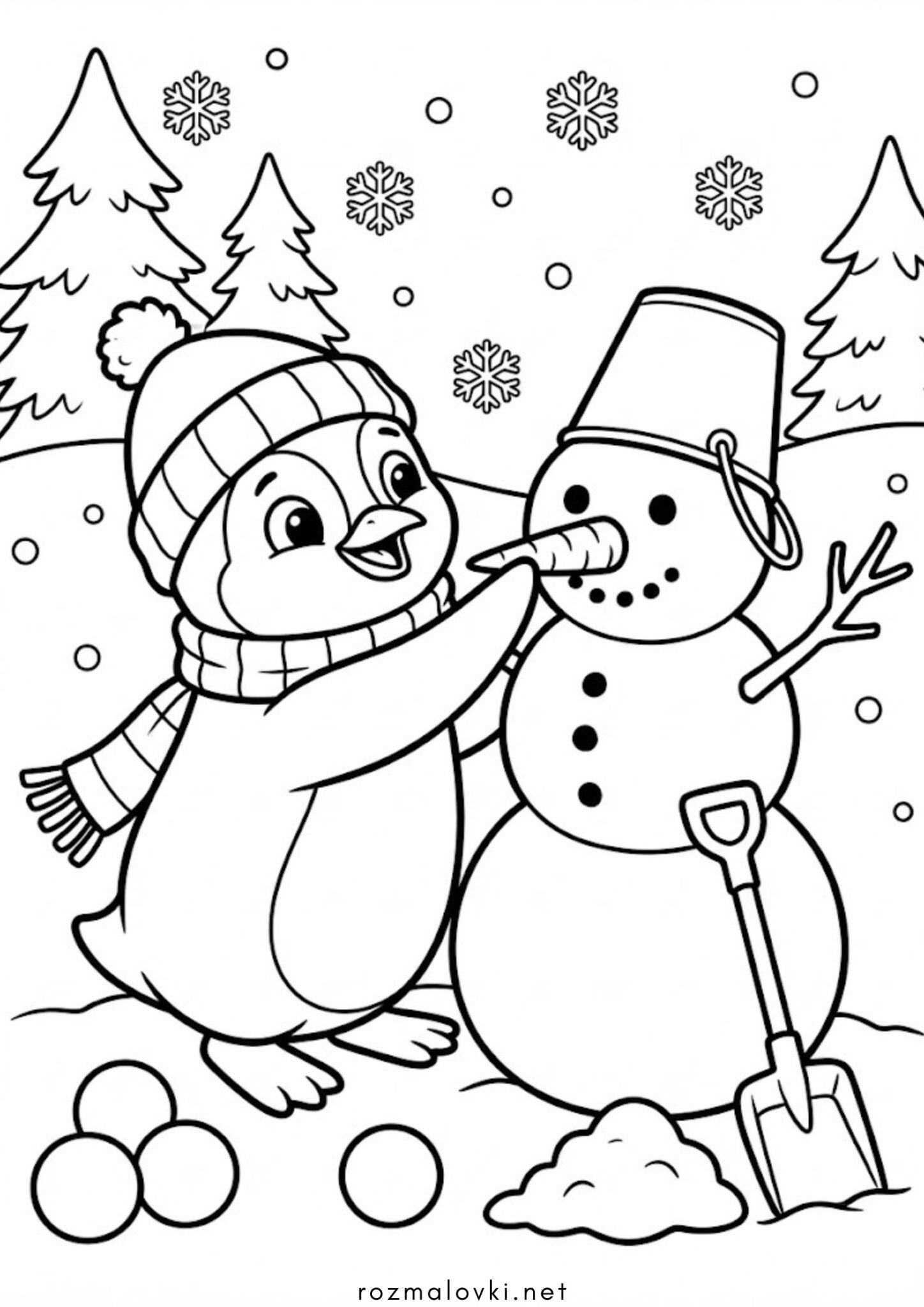 Раскраска Пінгвін ліпить сніговика Раскраска Пінгвін ліпить сніговика