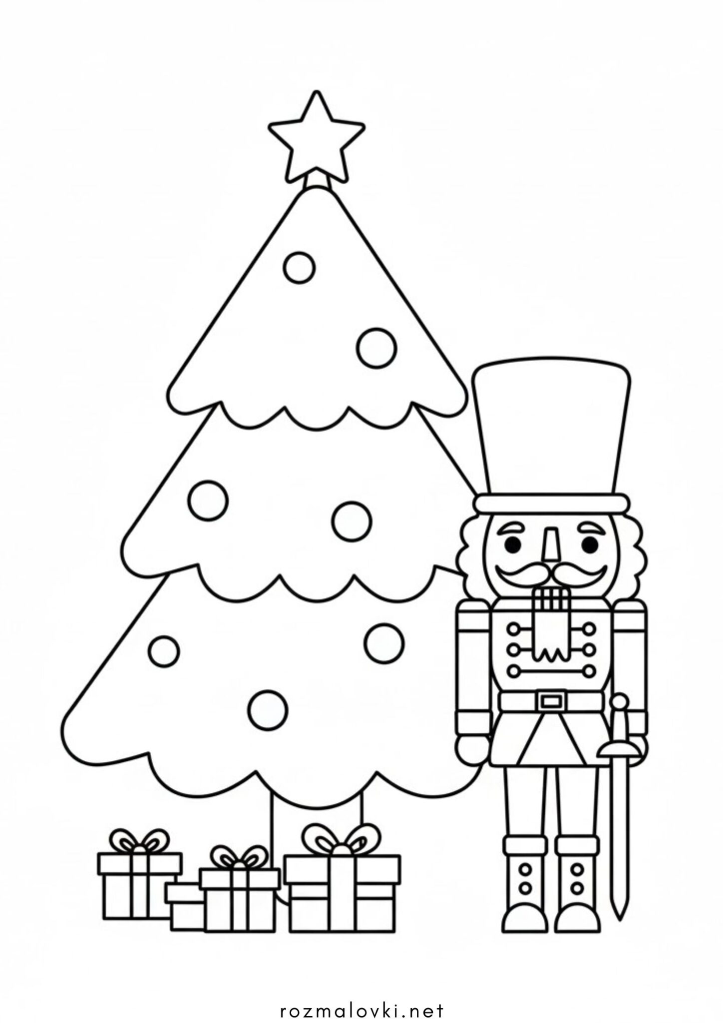 Раскраска Різдвяна ялинка та Лускунчик для малят