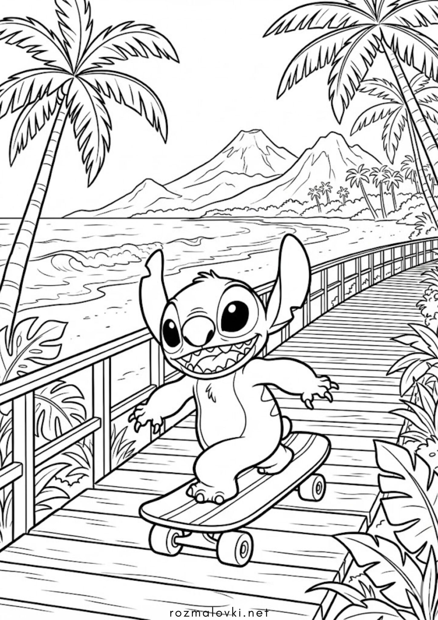 Раскраска Стіч на скейті на Гавайях