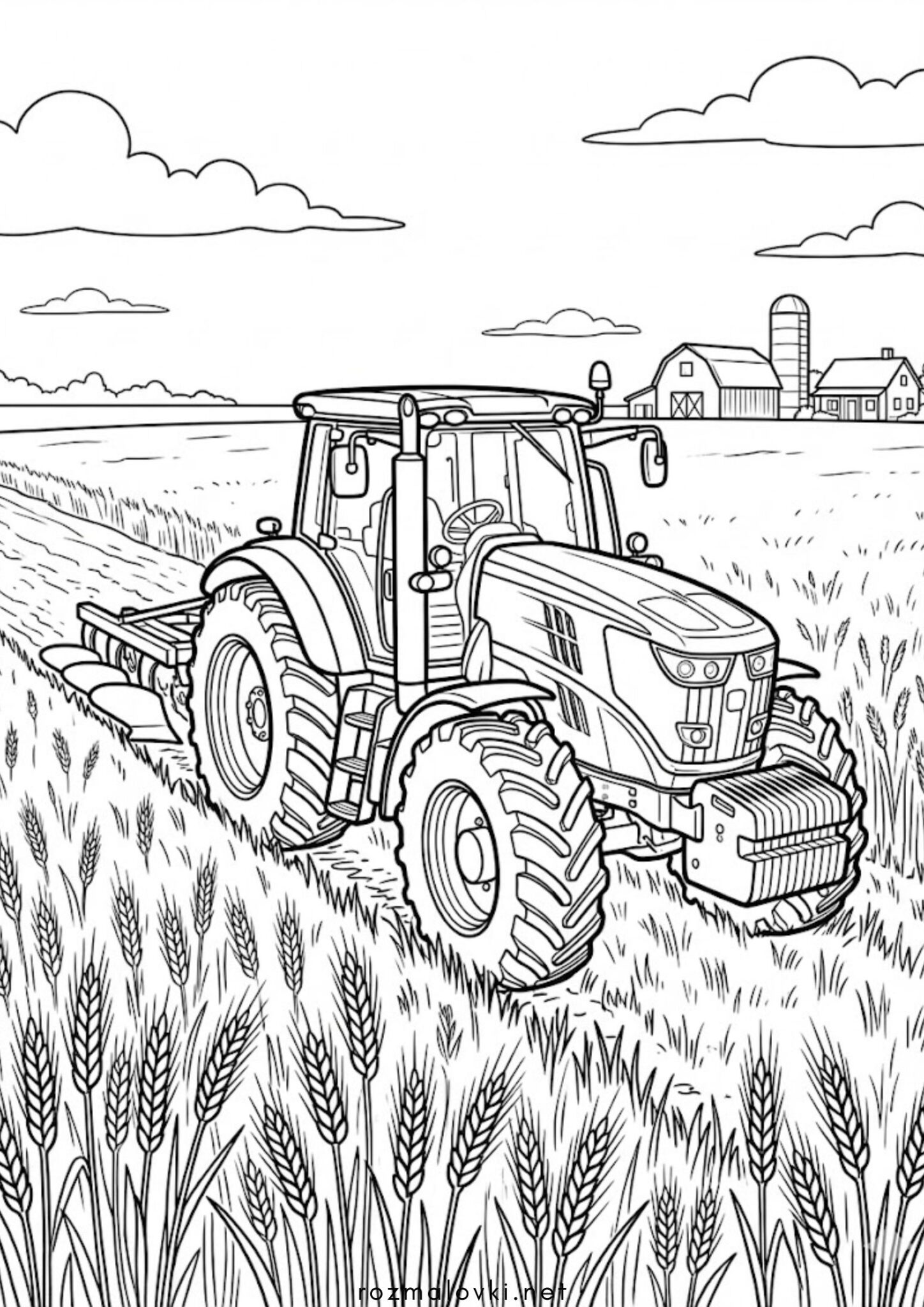 Раскраска Трактор їде по полю з пшеницею