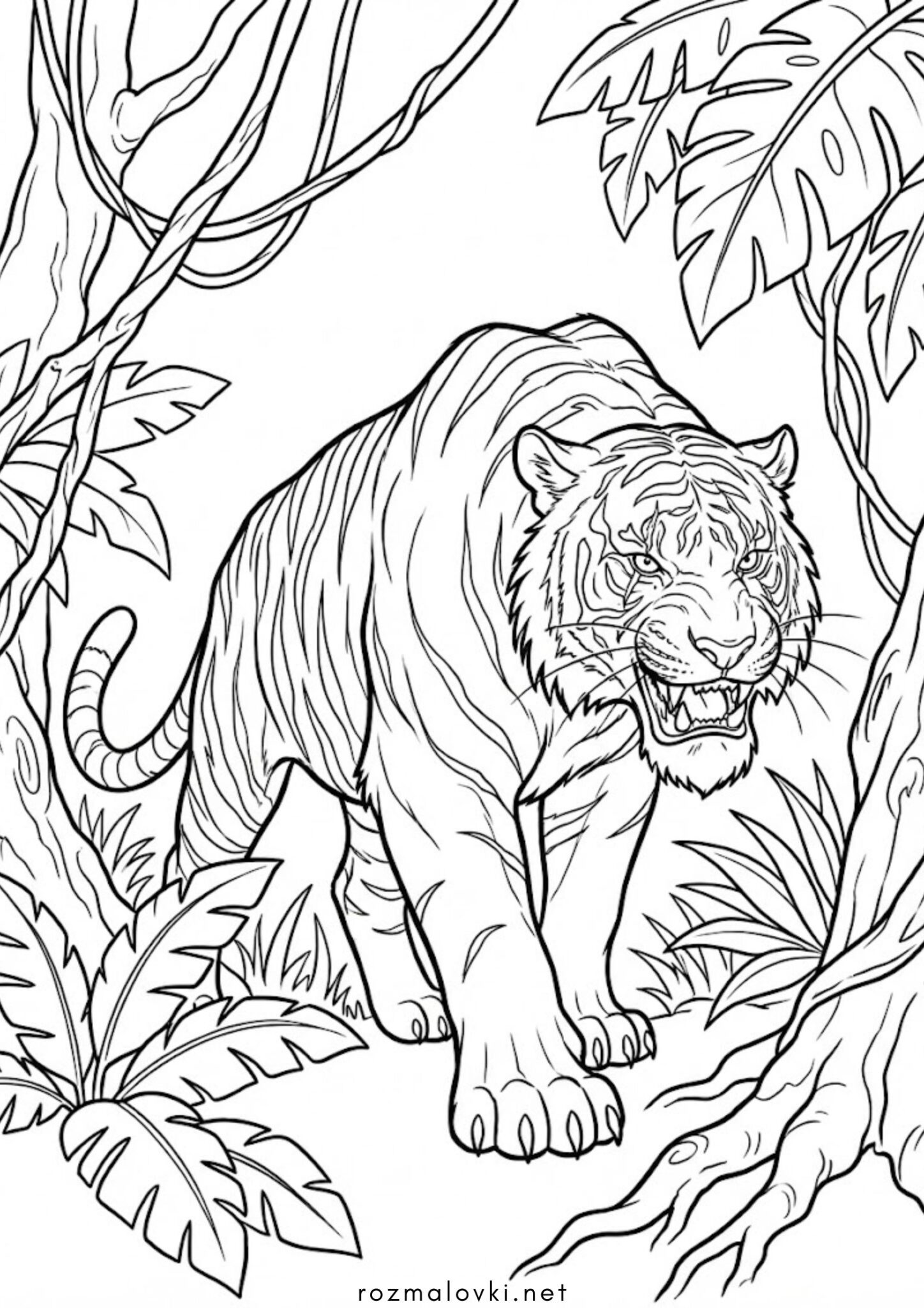 Раскраска Тигр Шерхан (Мауглі – Книга Джунглів)