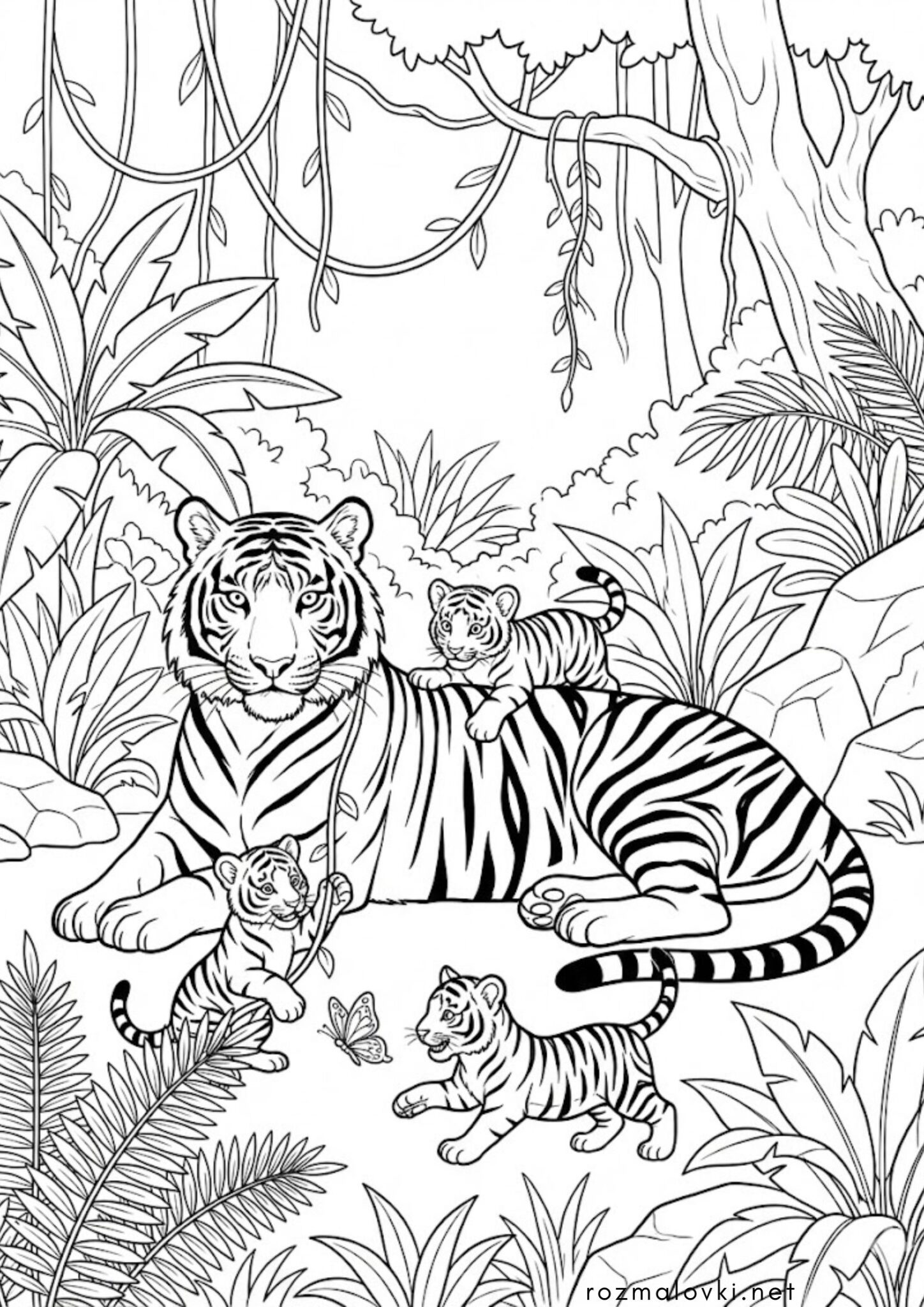 Раскраска Тигриця з тигренятами