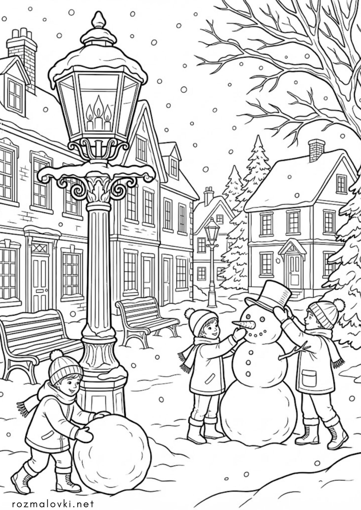 Раскраска Зимова гарна вулиця, діти ліплять сніговика