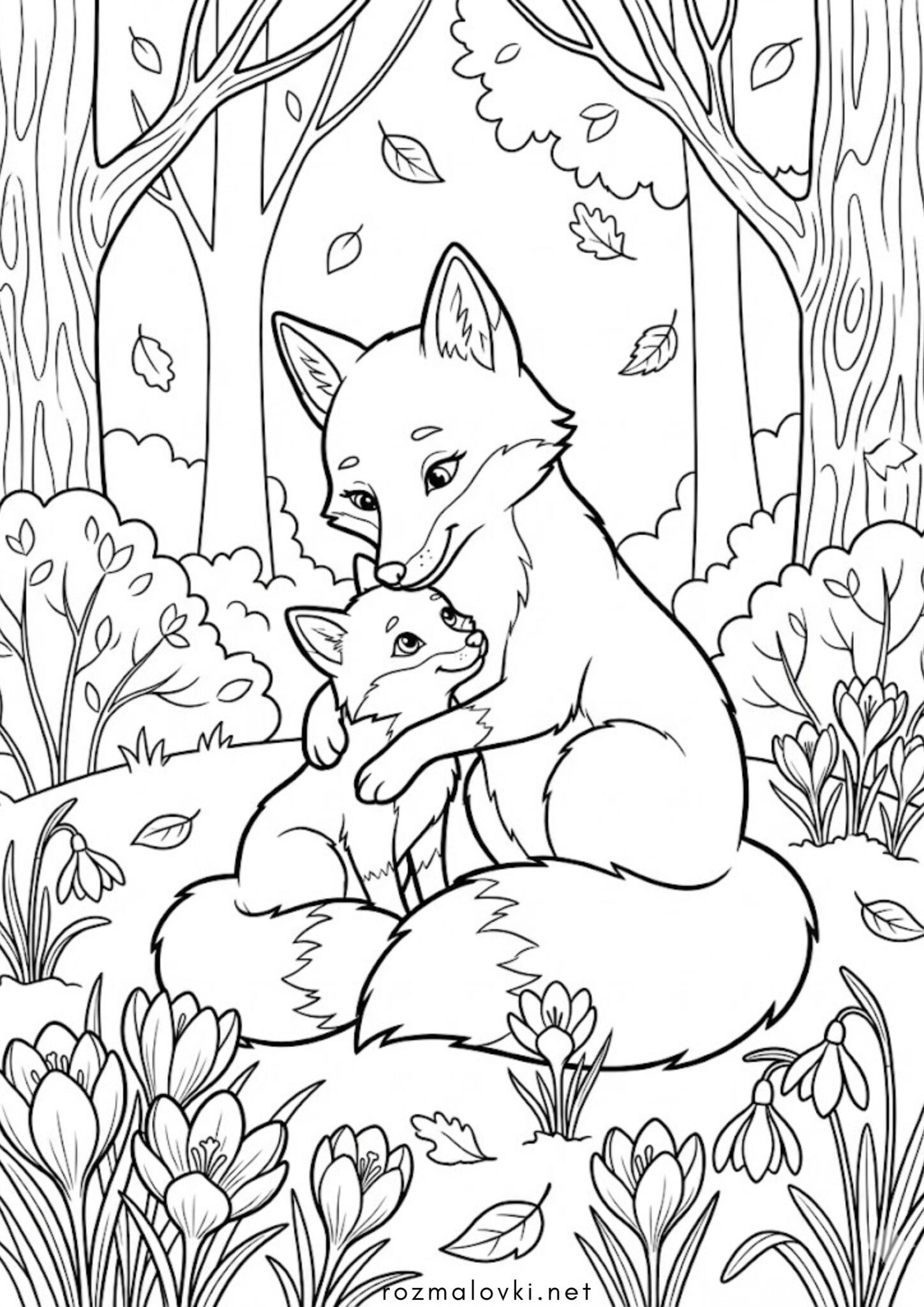 Раскраска До 8 березня – Мамині обійми лисички