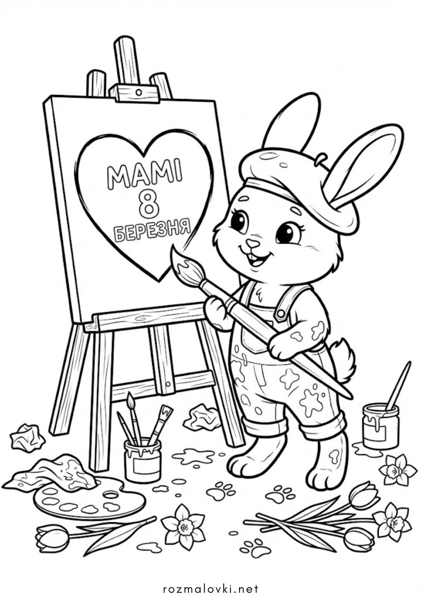 Раскраска До 8 березня – Зайченя малює вітальну листівку мамі
