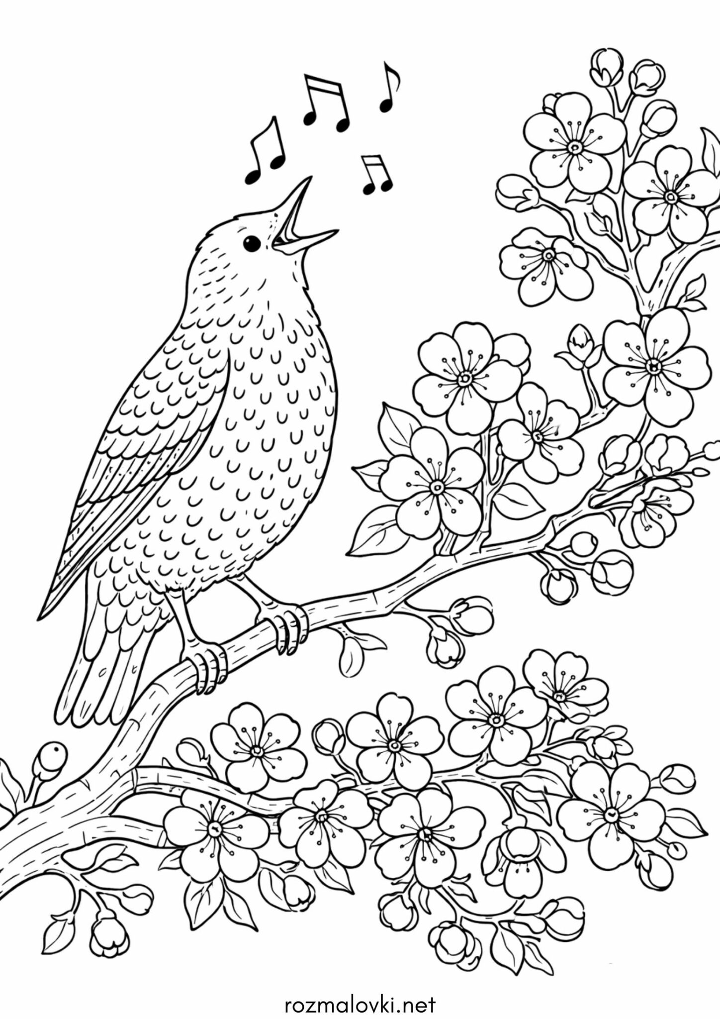Раскраска Пташечка на квітучому дереві