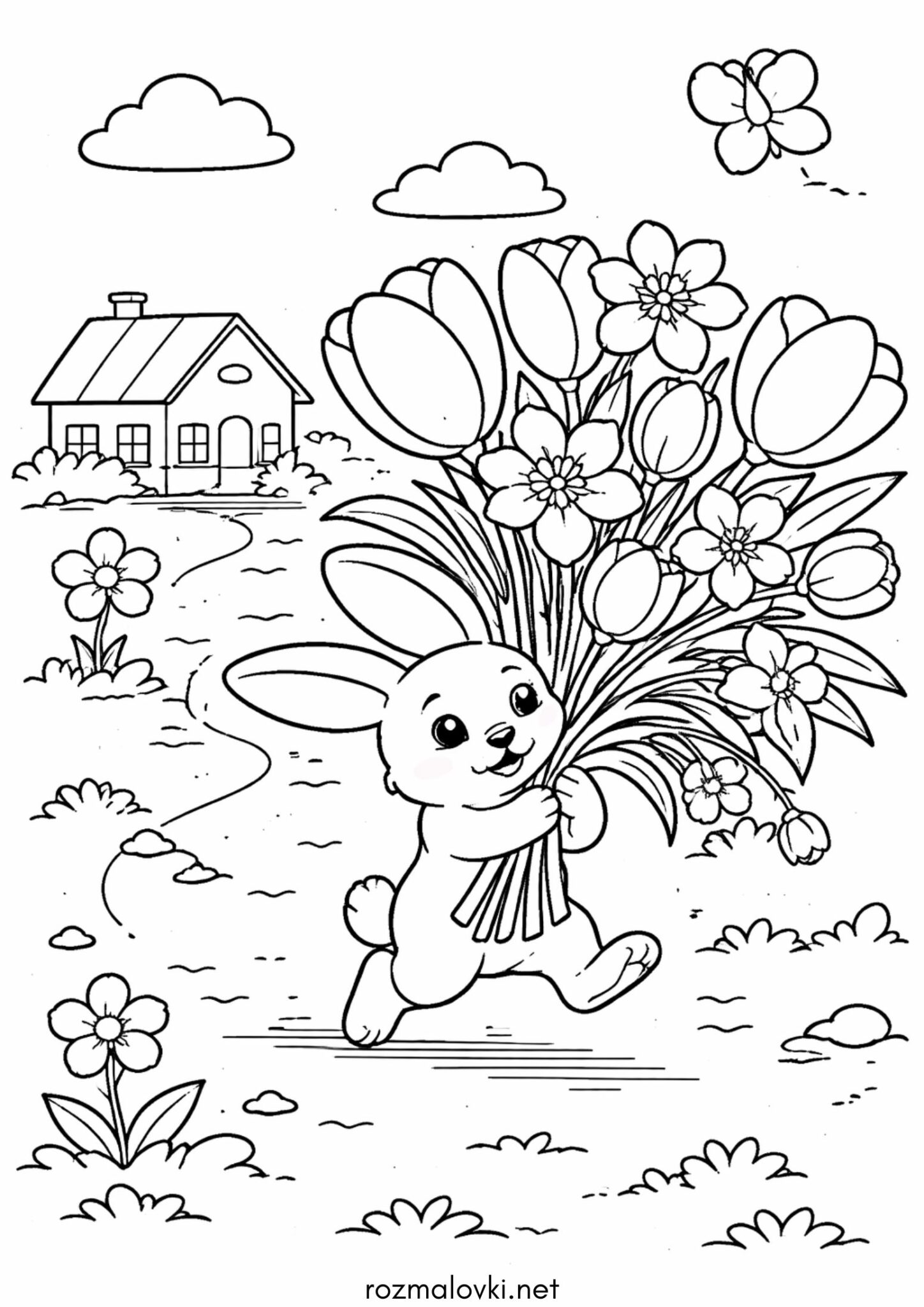 Раскраска Зайчик з весняними квітами