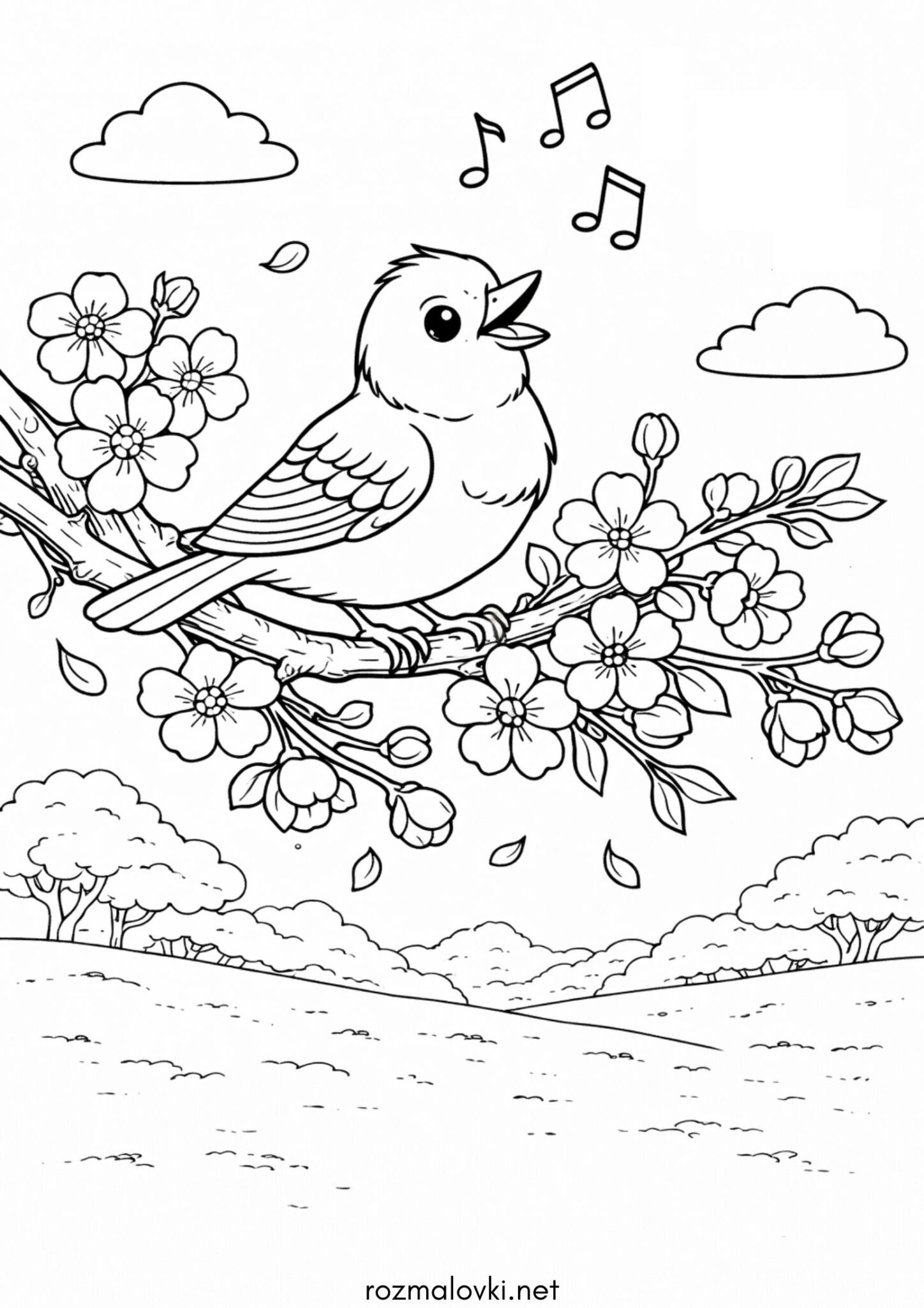 Раскраска Весна – пташка співає на дереві