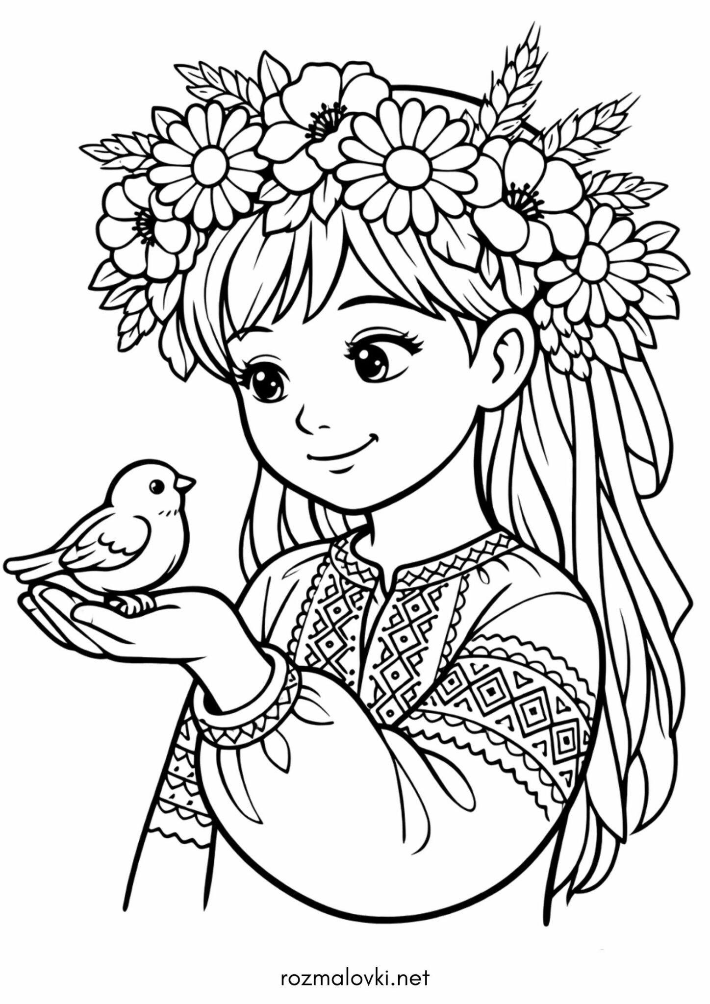 Раскраска До дня вишиванки – Дівчинка з віночком і пташкою