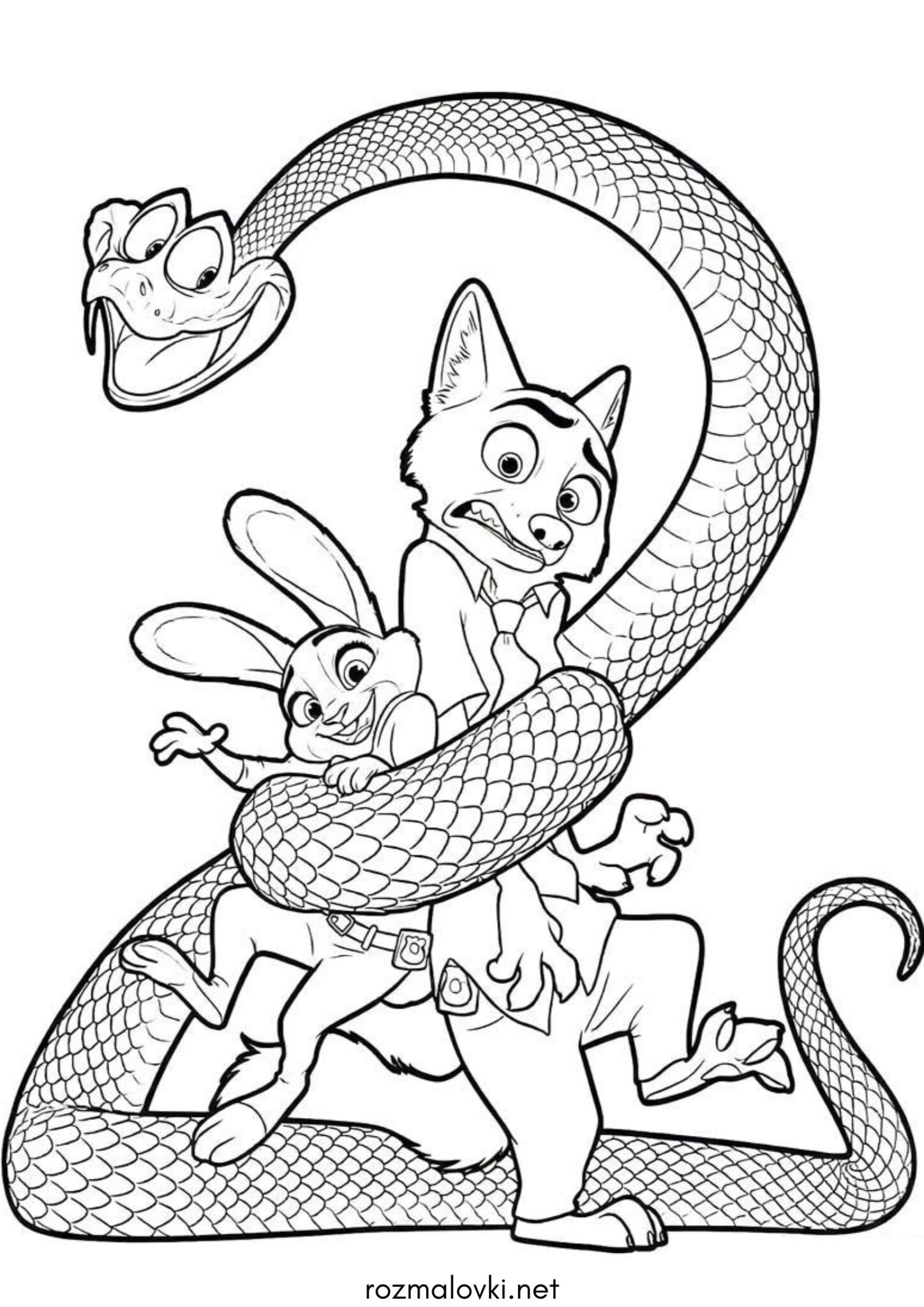 Раскраска Зоотрополіс 2 – Джуді, Нік та змія Ґері