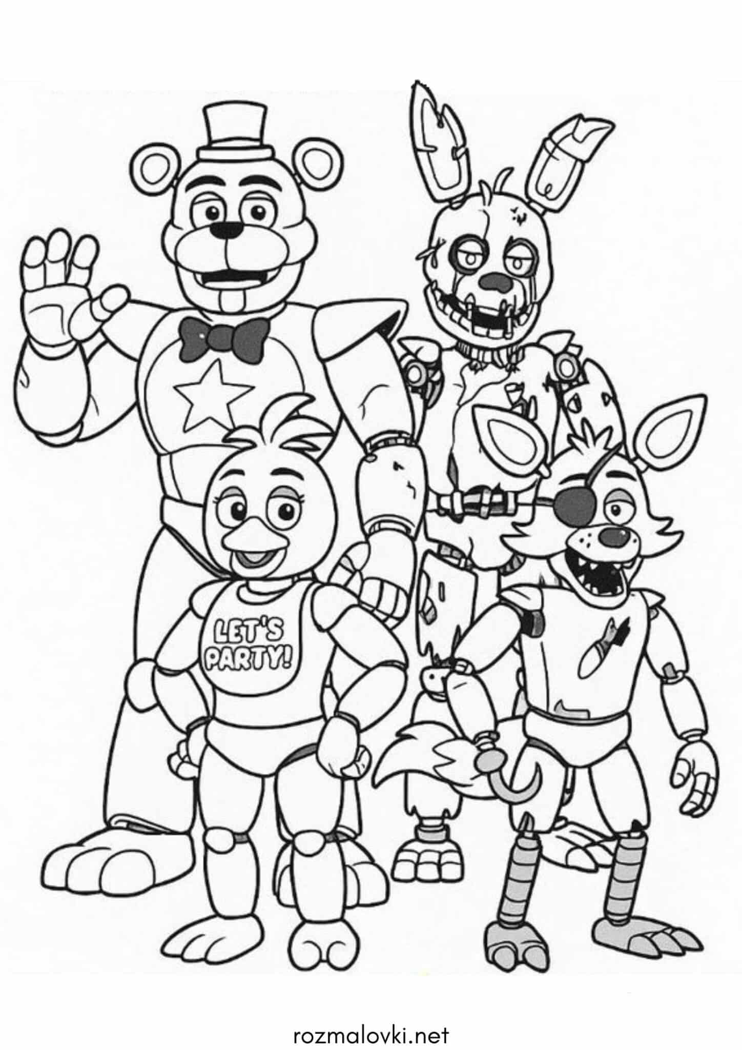 Раскраска Фредді, Чіка, Фоксі та Спрінгтрап (FNAF)