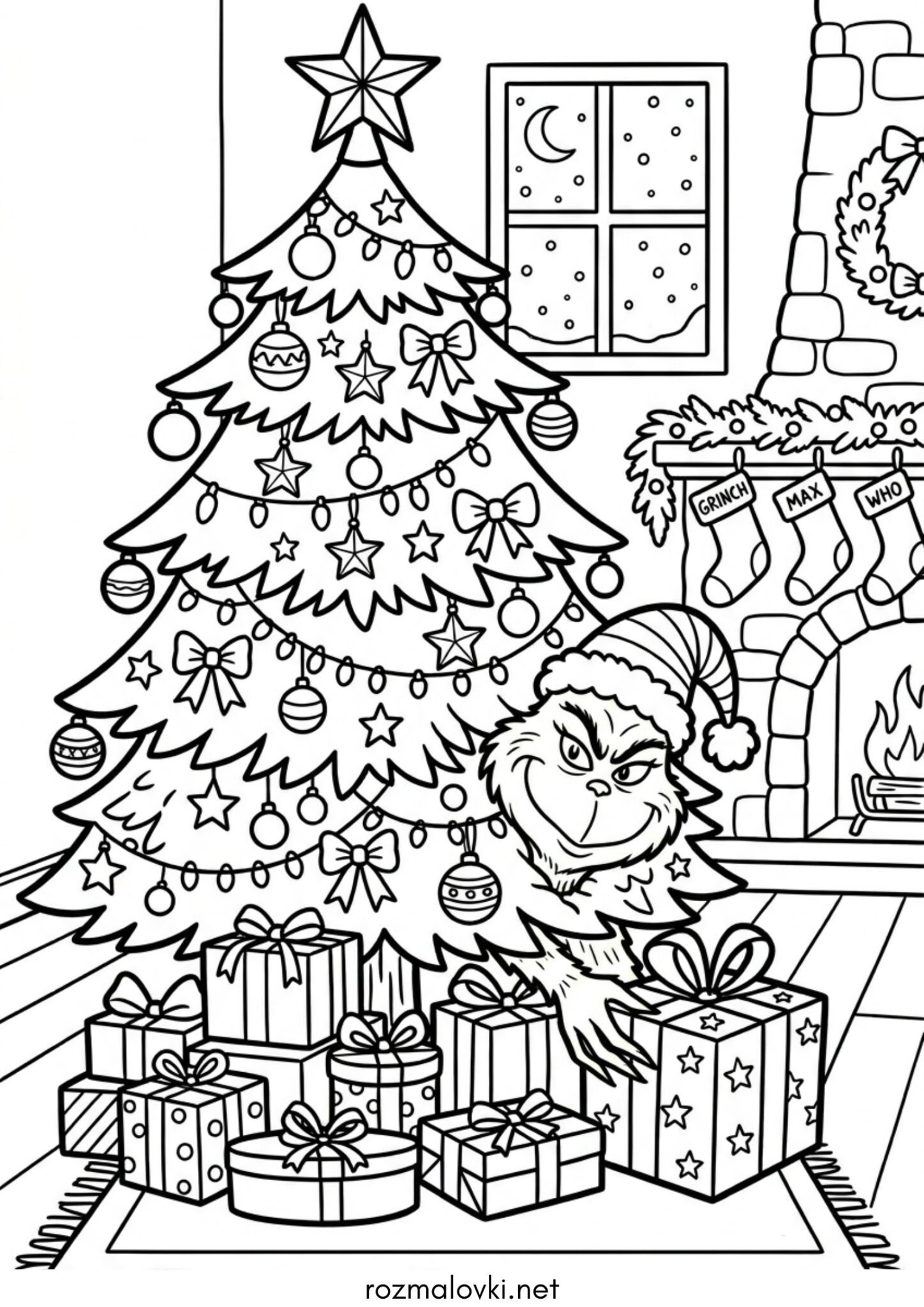 Раскраска Грінч під різдвяною ялинкою