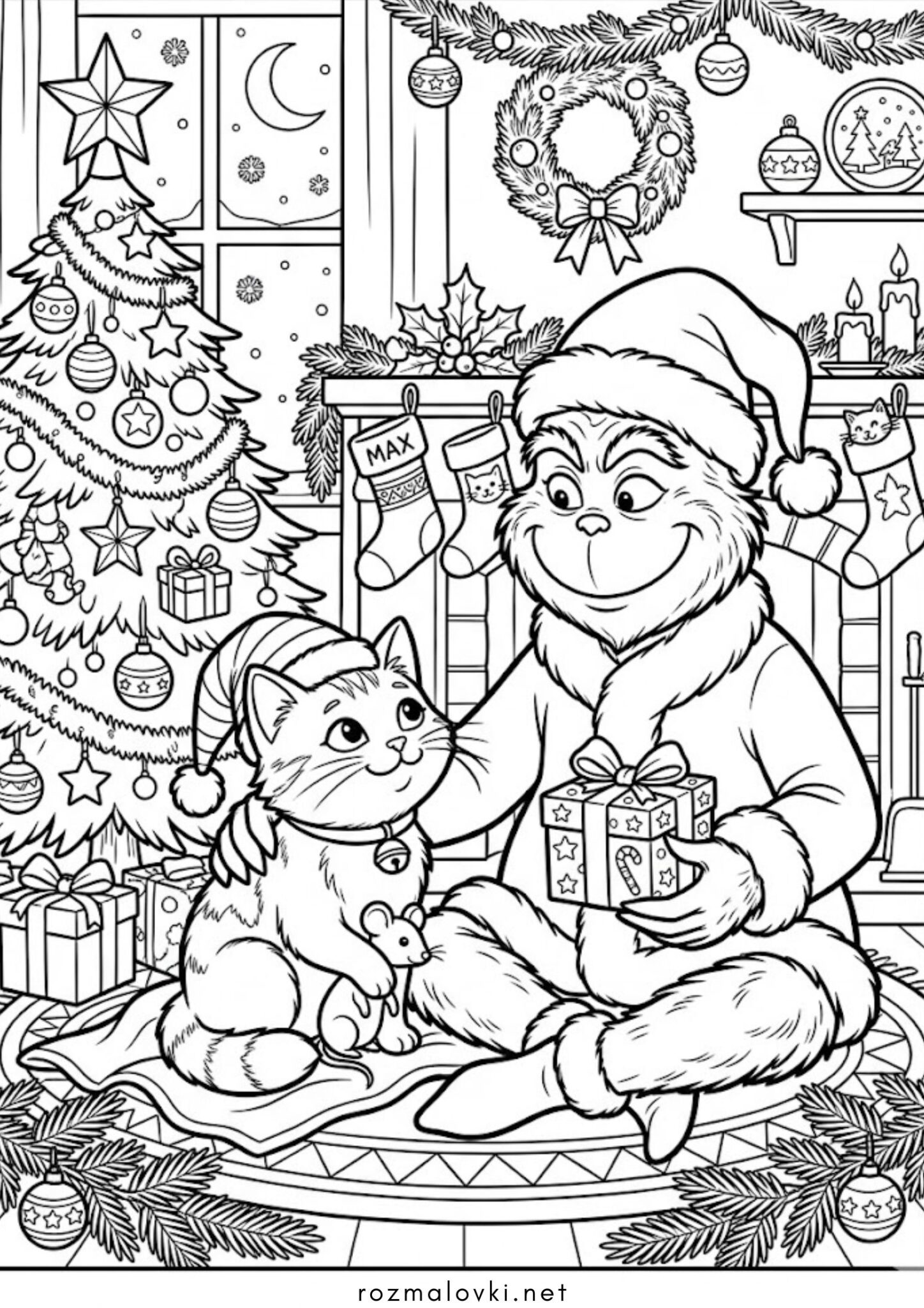 Раскраска Грінч з котиком на Різдво