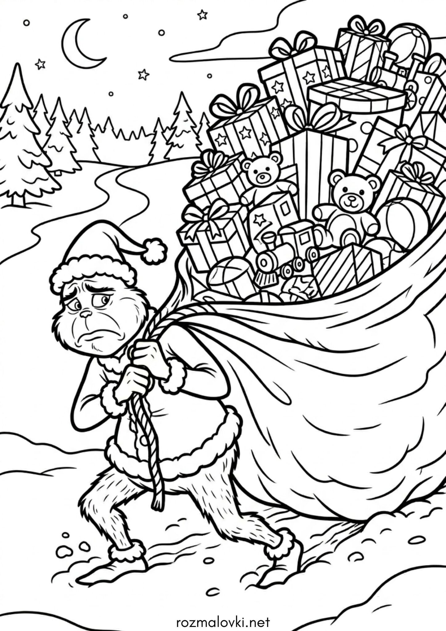 Раскраска Грінч з мішком подарунків