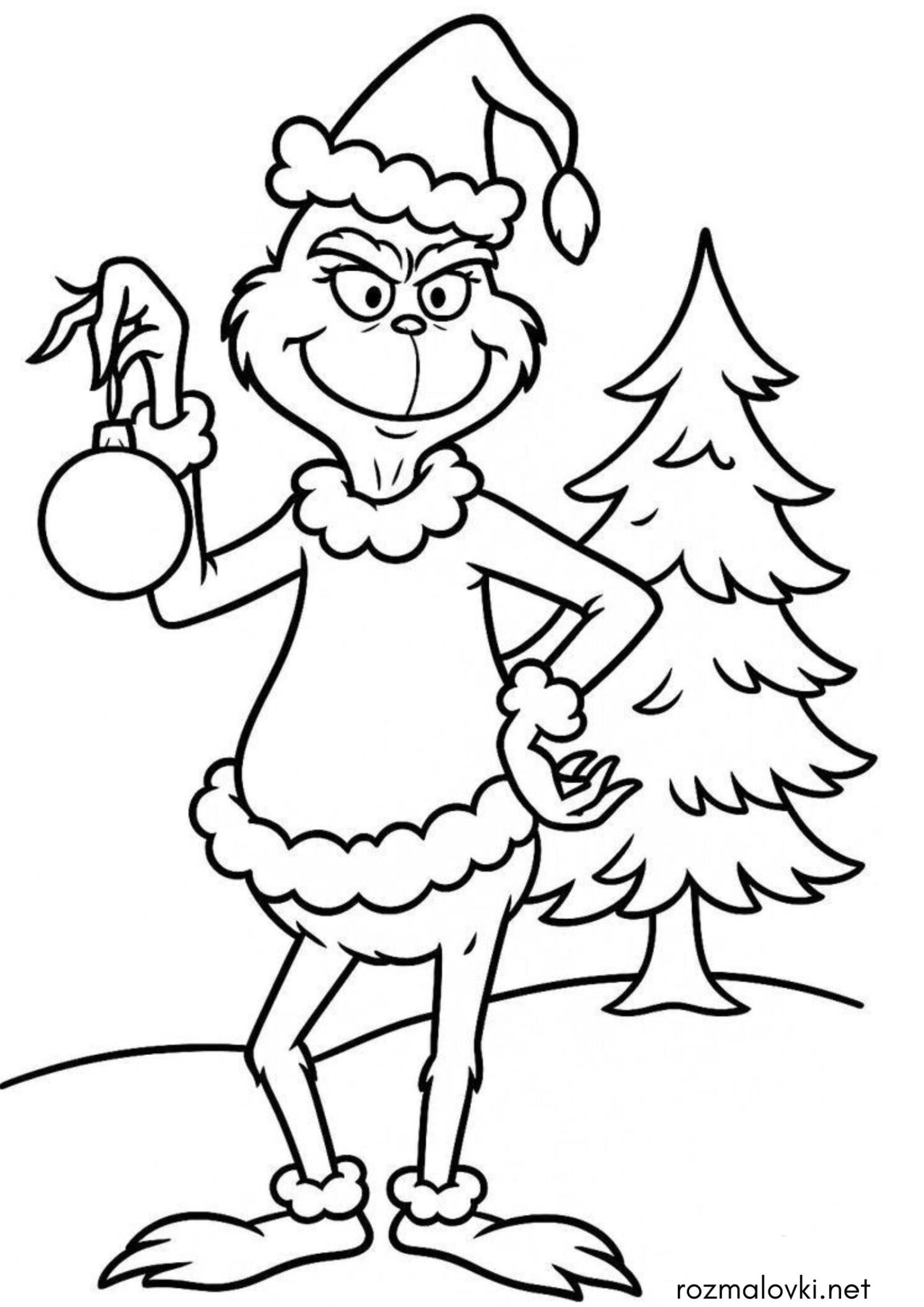 Раскраска Грінч з ялинковою іграшкою