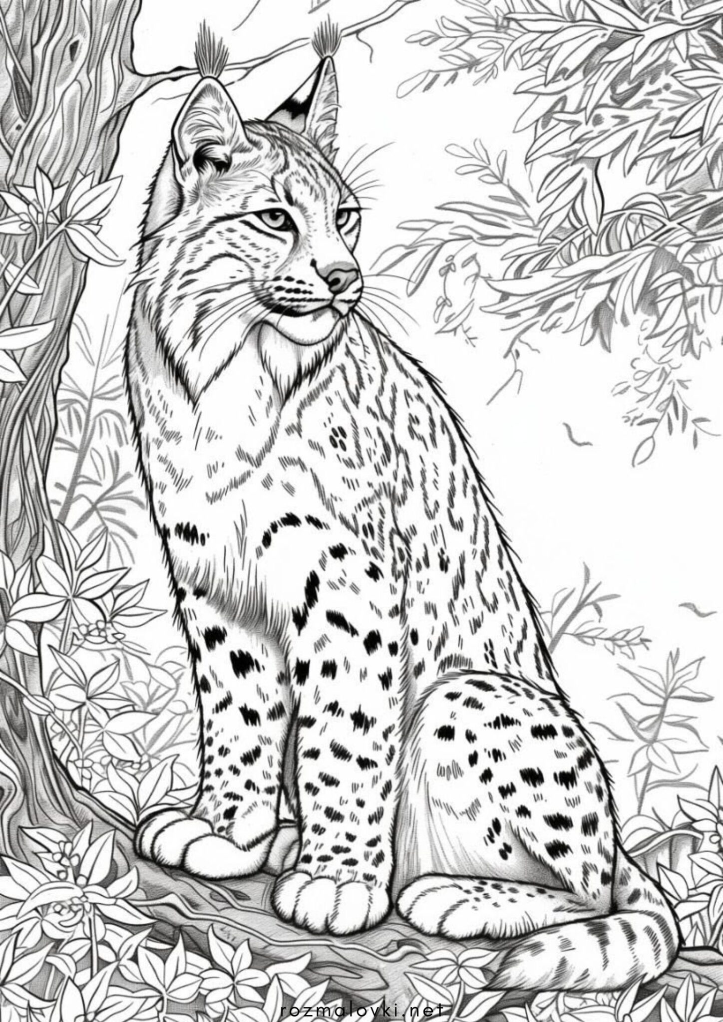 Раскраска Реалістична рись у лісі